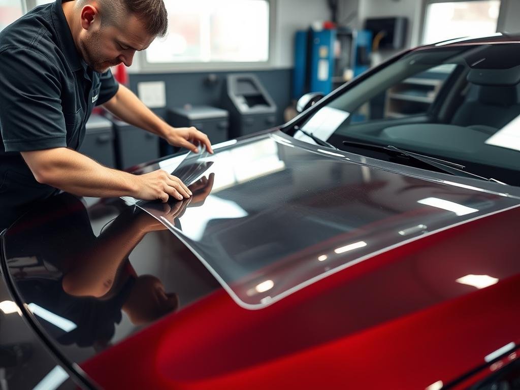 PPF being installed on a vehicle hood showing the clear protective layer PPF being installed on a vehicle hood showing the clear protective layer