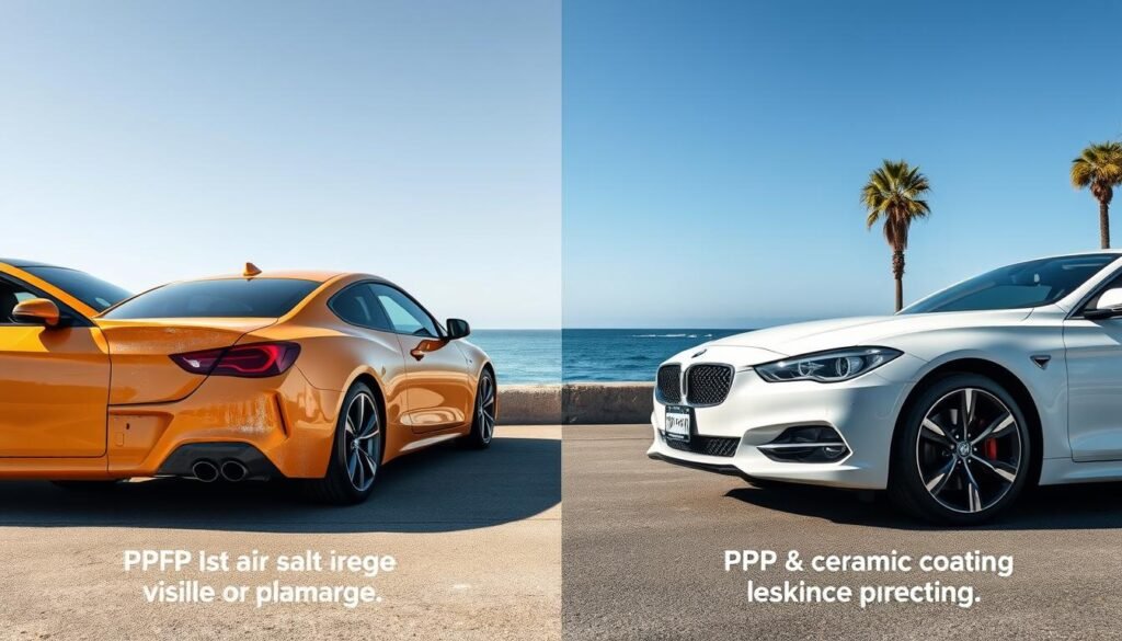 San Diego coastal environment showing effects on vehicle paint with and without protection San Diego coastal environment showing effects on vehicle paint with and without protection