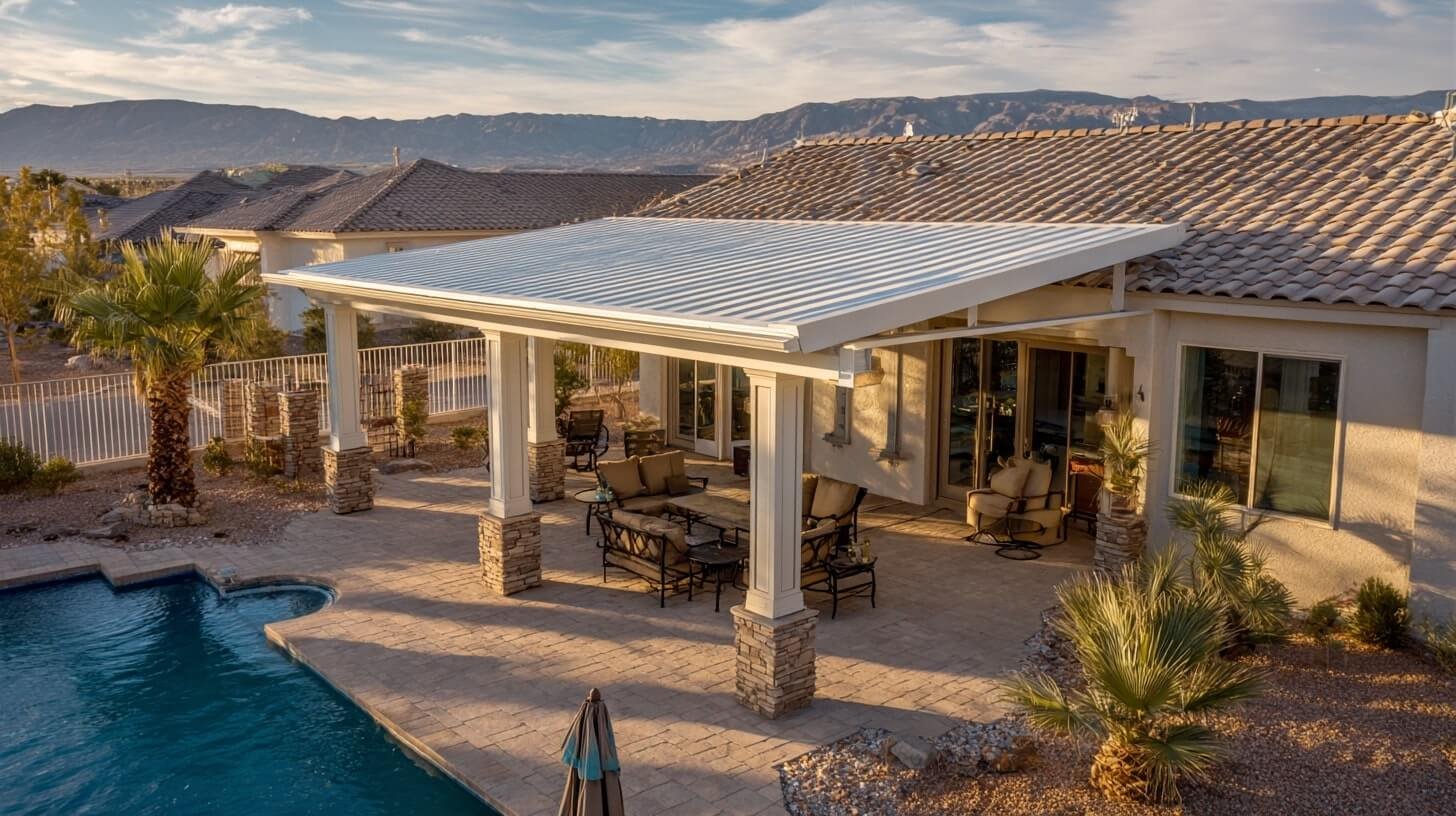 Aluminum patio cover with stone columns providing shade over outdoor furniture next to pool in Las Vegas backyard