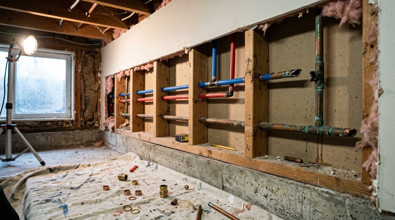 Open wall cavity during a Seattle repipe showing PEX and copper supply lines side-by-side