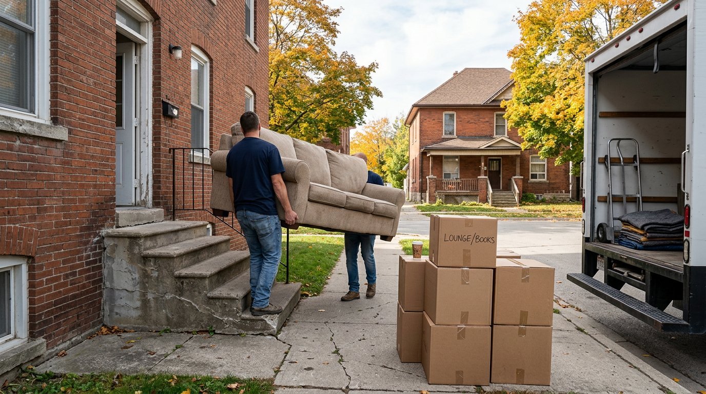 Two movers carrying a beige sofa down the brick steps of a London Ontario two-bedroom apartment on moving day, boxes stacked at the curb