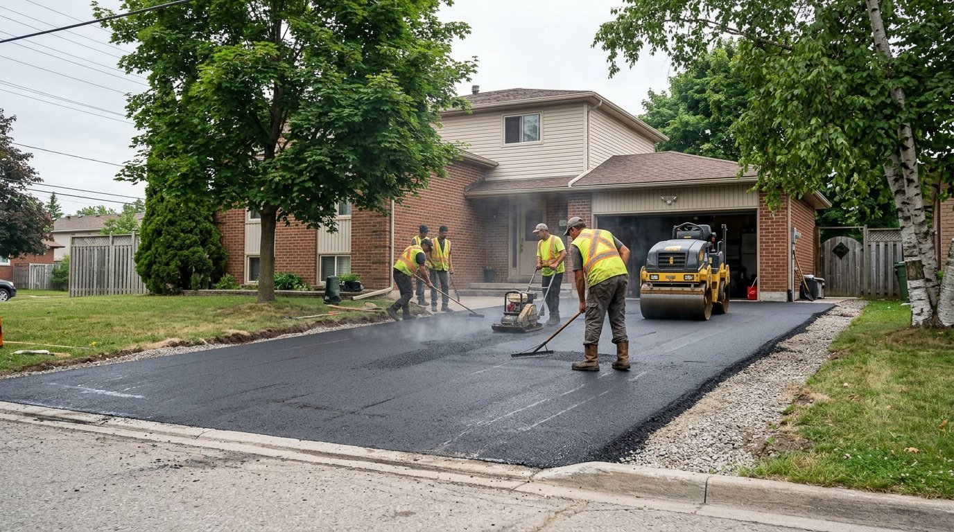 Paving crew laying fresh black asphalt on a residential driveway at a brick suburban Hamilton Ontario home