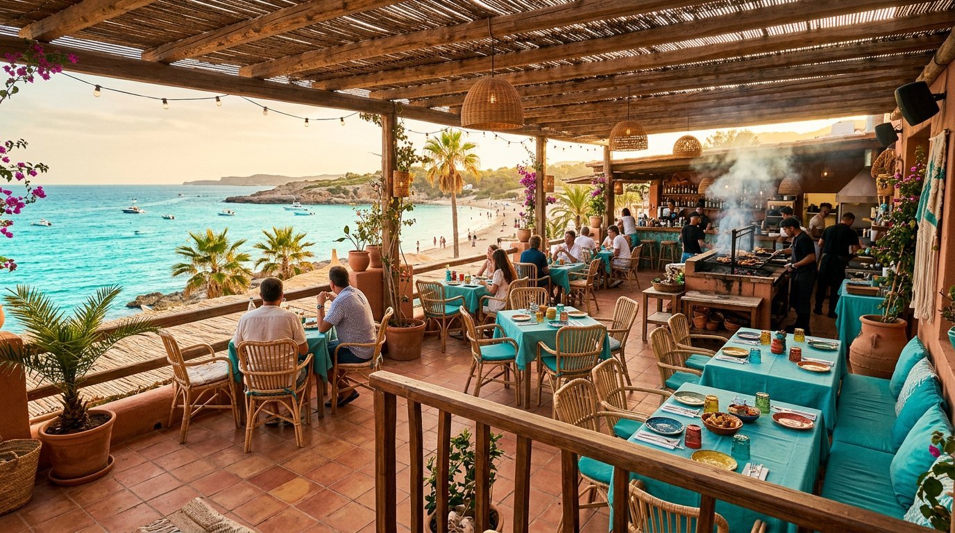 Open-air Turks and Caicos restaurant terrace on Long Bay Beach overlooking turquoise water with rattan seating.