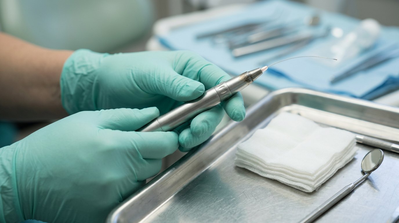 Gloved dentist hands holding a soft-tissue dental laser handpiece