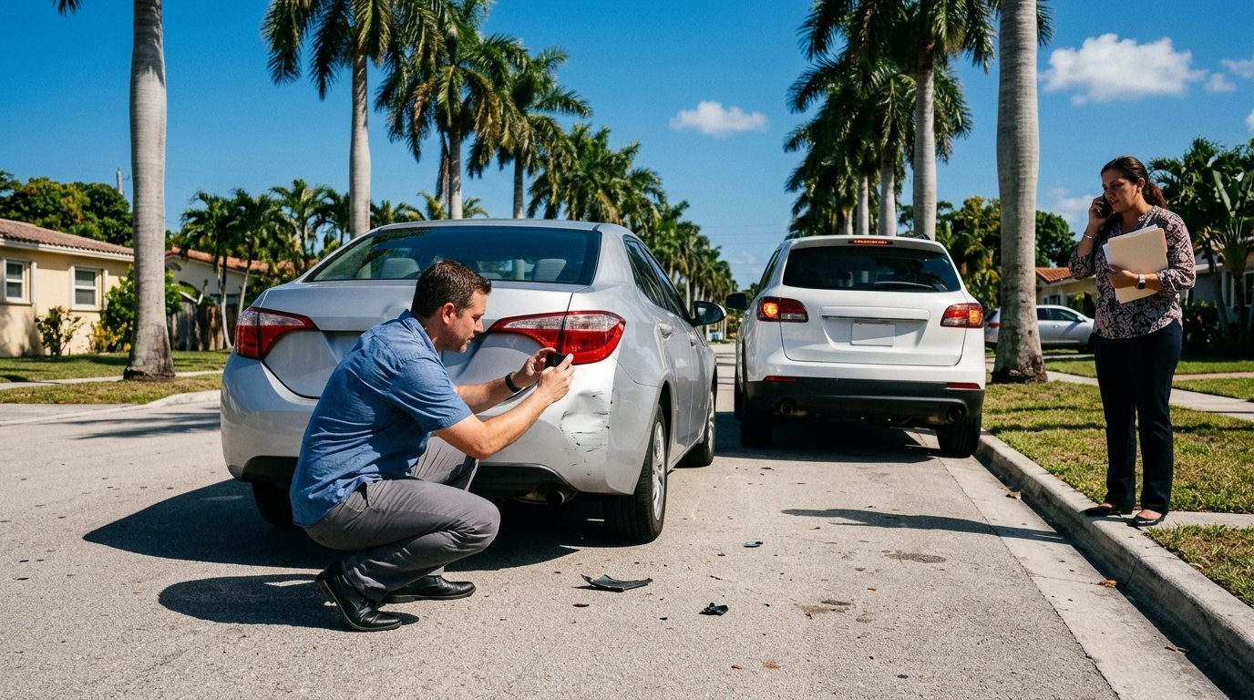 Driver photographing car damage on a palm-lined Miami street after a minor accident