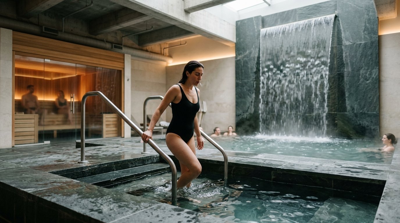 Woman stepping into a cold plunge pool beside an indoor waterfall at a New York City bathhouse